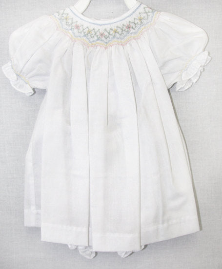 white smocked baby dress, bishop sleeve dress